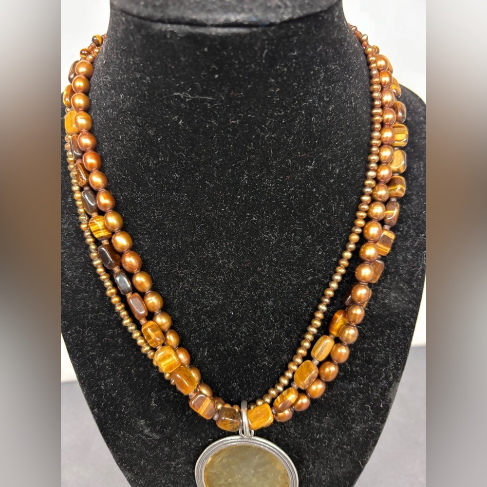 Silpada Multi-strand Tiger's Eye and Bonze Pearl Necklace w/ Brass Pendant N1838 - Picture 4 of 4
